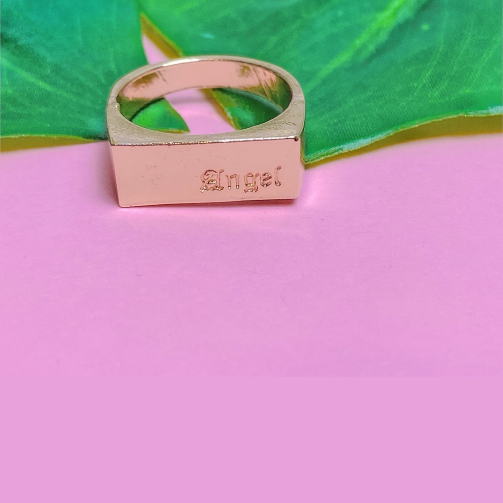 Engraved angel gold plated ring